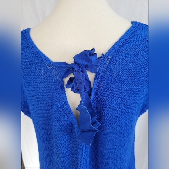 August Silk royal blue v neck tie back short sleeve open knit pullover top M - Picture 9 of 10